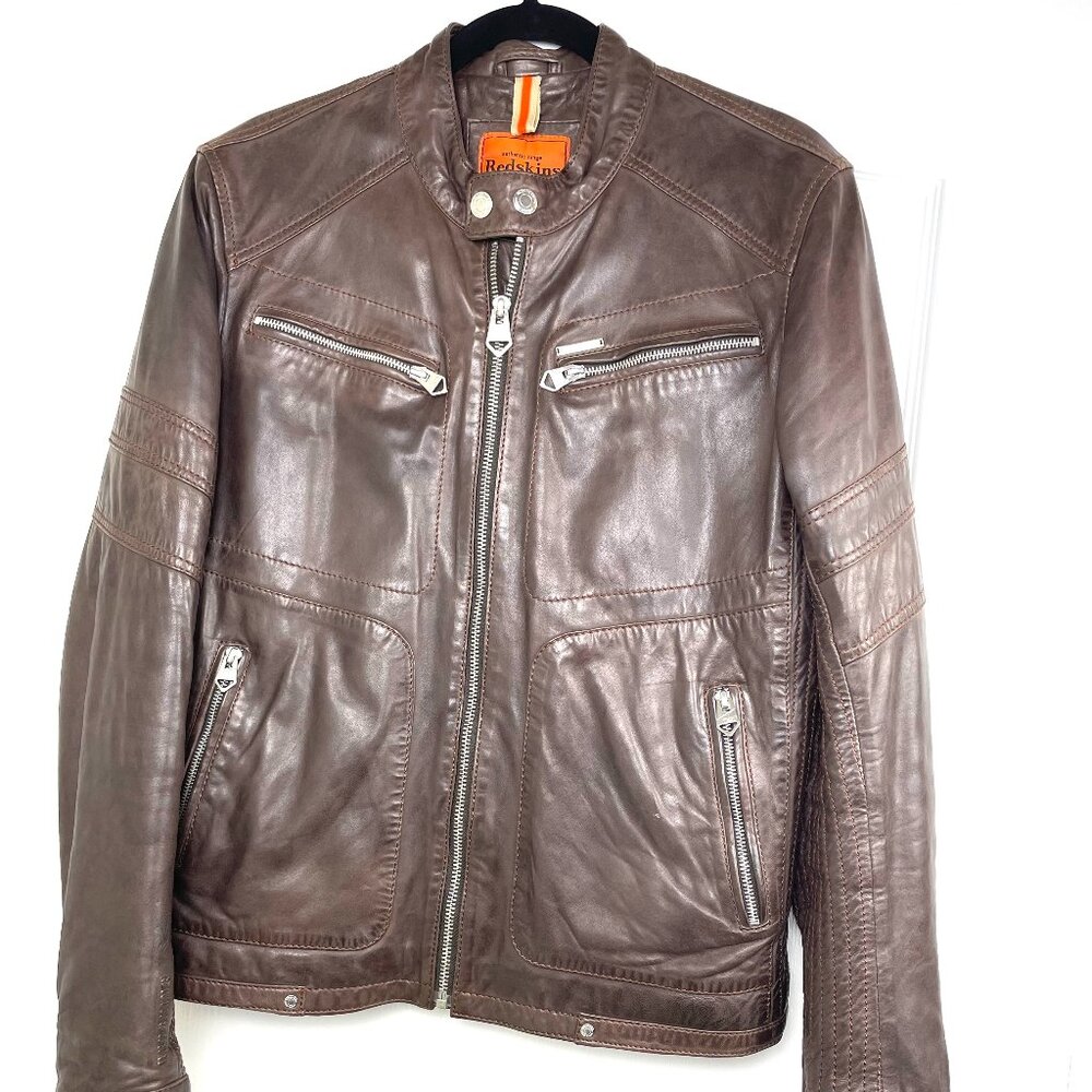 Redskins Casual Motorcycle Biker Genuine Leather Brown Jacket (Unisex) Size M
